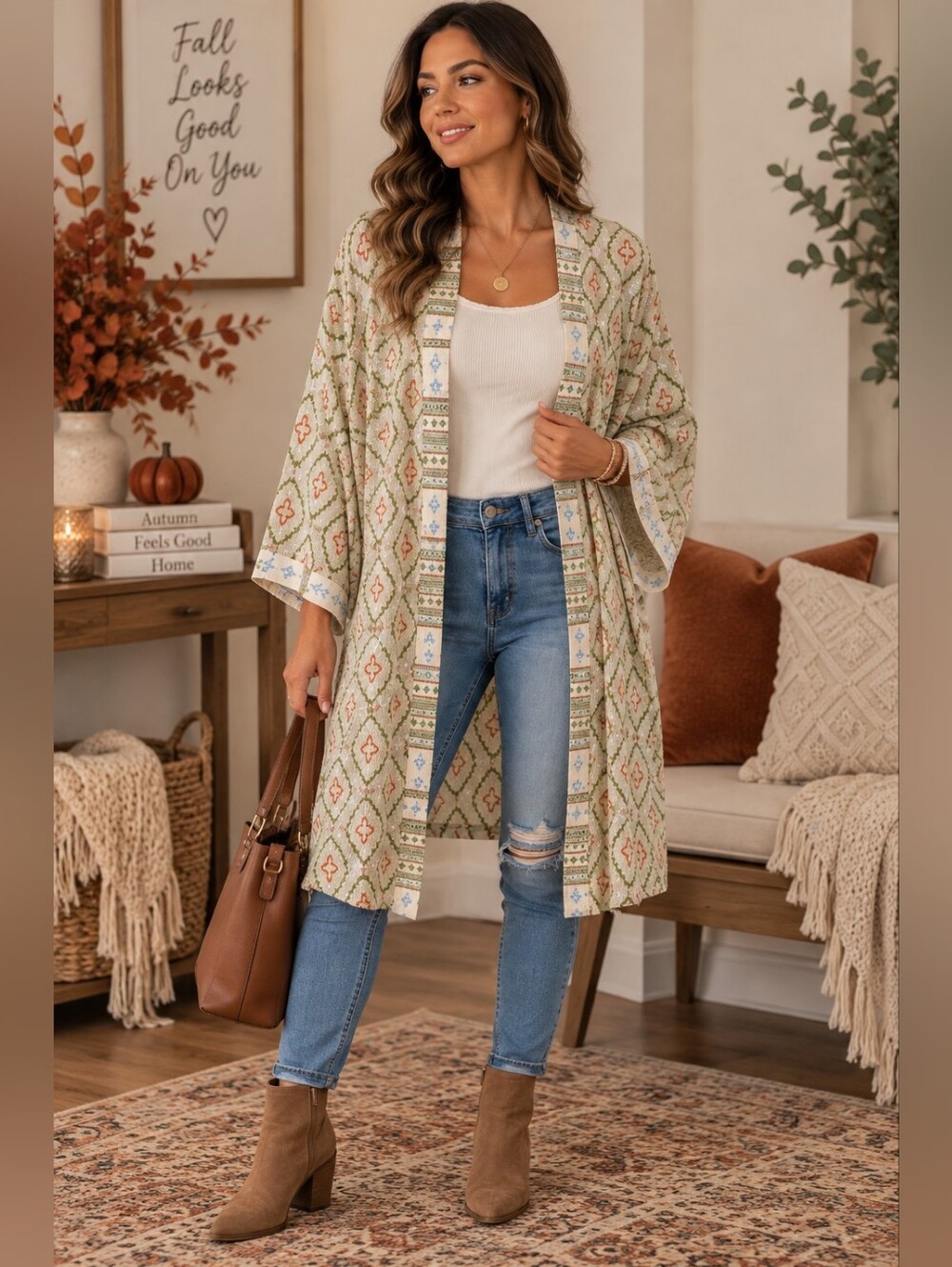 Ces Femme Oversized Boho Printed Kimono Cardigan Duster Open Front Size Medium